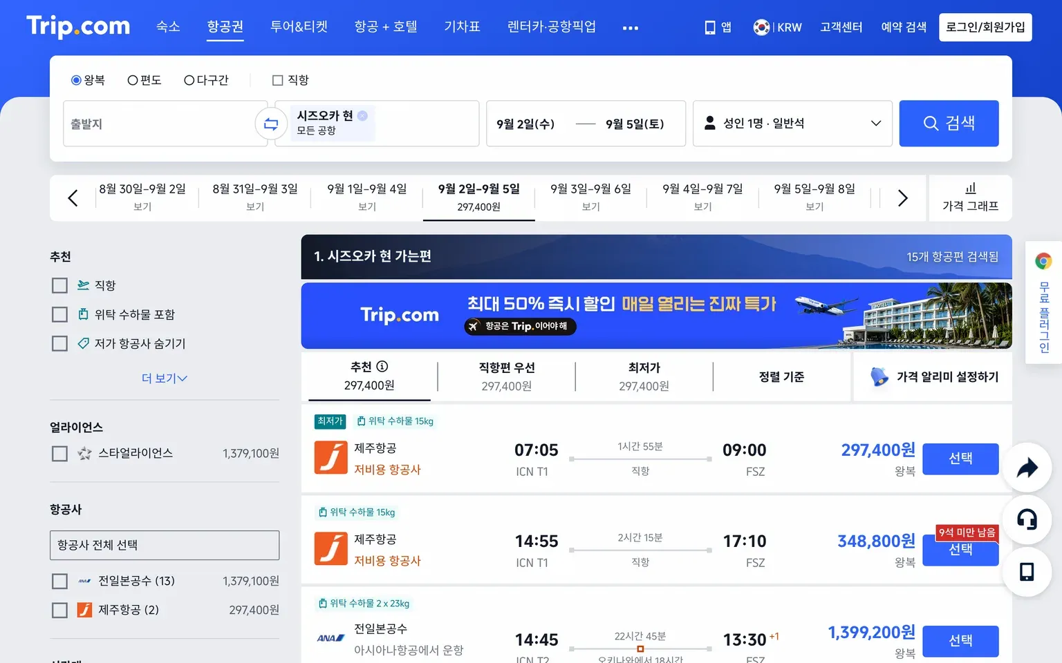 트립닷컴 인천-시즈오카 9월 2일~5일 왕복 검색 결과 - 제주항공 오전편 297,400원, 오후편 348,800원